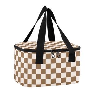 12 Cans Brown White Checkered Lunch Bag Reusable Insulated Tote Custom Logo Mini Cooler Lunch Bag with Short Handles - Product Image 1