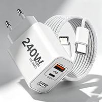 Chargeur de téléphone portable USB C 240W avec prise EU/US, 2 ports USB-C PD, chargeur rapide avec câble Type-C, adaptateur de charge USB Type C 240W