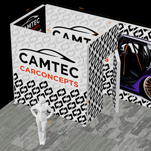 Stand d'exposition portable thème course automobile 9x3m avec mur arrière étendu, graphique de voiture de sport, piliers lumineux dimensionnels modulaires - Product Image 6