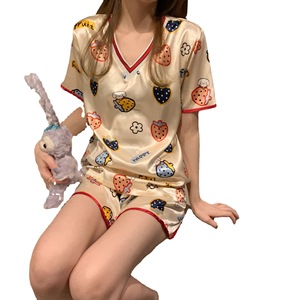 Womens Summer Breathable Ice-Polyester Pajamas Thin Short-Sleeve <strong>Top</strong> Shorts Cute Cartoon Design V-Neck Polyester Loungewear - Product Image 5