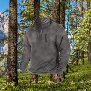 เสื้อผู้ชายดีไซน์ใหม่จากโรงงาน ผลิตจากผ้าถักแบบไม่ทอ ซักแล้ว ใส่สบาย คอตั้ง ซิป ¼ สีพื้น สไตล์ทหาร เป็นมิตรกับสิ่งแวดล้อม ทรงปกติ - Product Image 4