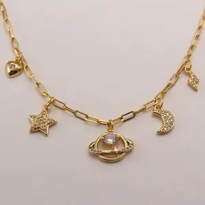 Collar chapado en oro de 18k para mujer, colgante de estrella y luna de circón, gargantilla de cobre, joyería, cadena de eslabones