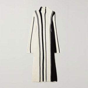 Produttori di Maglieria: Abito <span class=keywords><strong>in</strong></span> <span class=keywords><strong>Maglia</strong></span> a Collo Alto con Maniche Lunghe e Spacco Laterale, Design a Righe Contrastanti, <span class=keywords><strong>Vestito</strong></span> Midi Casual da Donna - Product Image 4