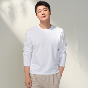 เสื้อยืดแขนยาวผู้ชาย Dawe ผ้าฝ้ายเส้นใยยาว ต้านเชื้อแบคทีเรีย ทรงหลวม คอกลม วินเทจ สีขาวและสีดำ ใช้งานได้หลากหลาย - Product Image 1