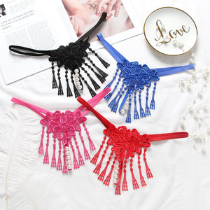 String sexy avec broderie, pompon, perles, dentelle ajourée, lingerie pour femmes, rose, bleu, rouge, noir, blanc, nylon - Product Image 2