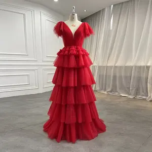 Girls Party Dress Custom Made Floor Length V Neck Removable Sleeves Tiered Skirt Red Color Prom Evening Dresses