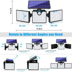 Lampes solaires d'extérieur 266 LED, 3 têtes, détecteur de mouvement, lumière de sécurité, IP65, étanche, projecteur mural réglable pour allée, garage - Product Image 5