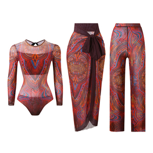Stok 2026 9 warna cetak Wanita 3 potong pakaian renang lengan panjang Mesh baju renang pantai sarung celana panjang Set ukuran besar pakaian pantai S-2XL - Product Image 5