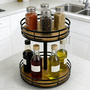 מדף אחסון עגול מעץ מודרני, דו-קומתי, לא מתקפל, עמיד, מסתובב, למטבח, לתבלינים, לרטבים, לכלי אוכל, נייד - Product Image 5