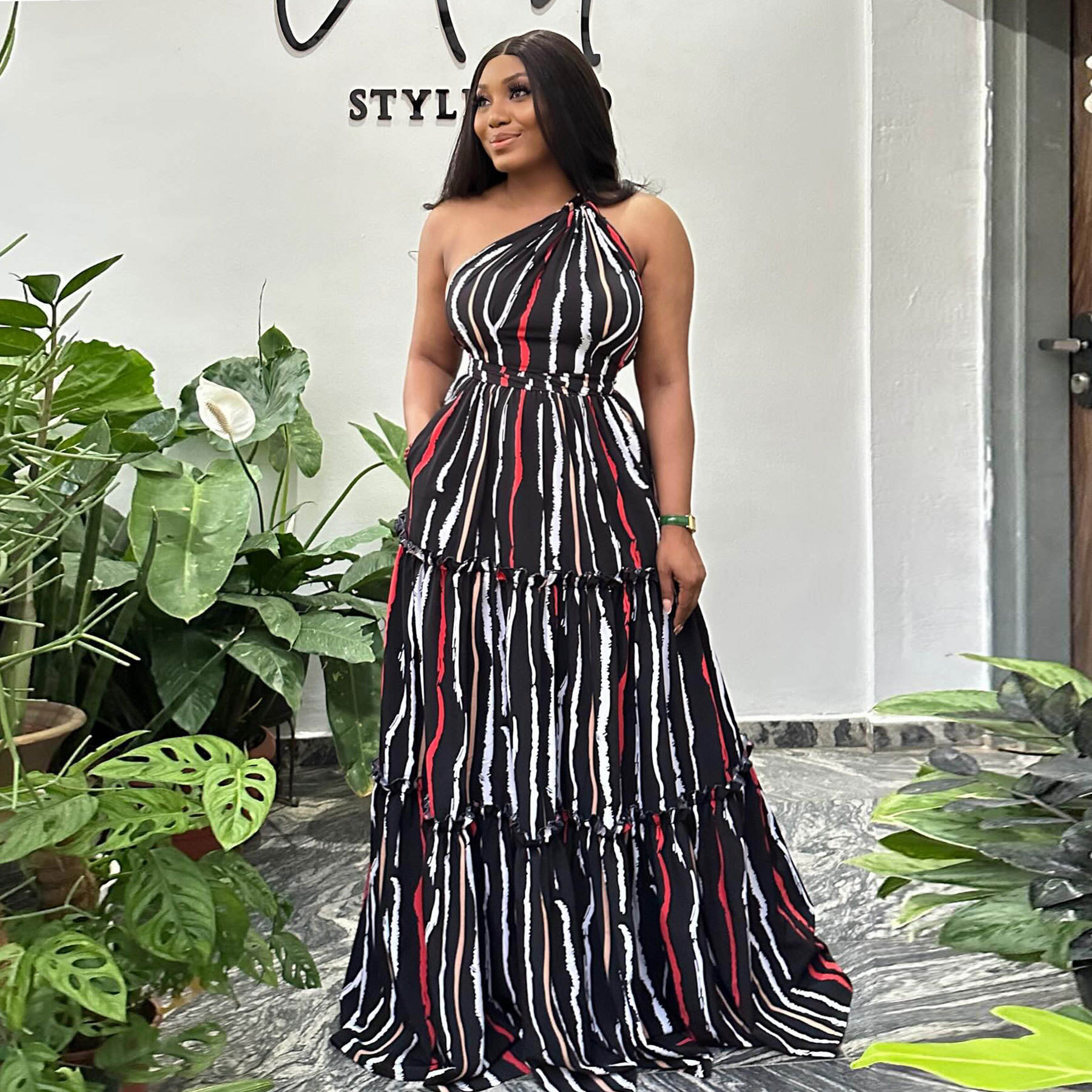 Listrado Azul Vestidos Colados Listrados Vestido Midi Com Bolso