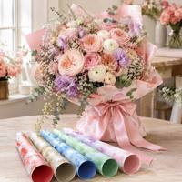 Kertas Pembungkus Bunga Motif Floral Tahan Air 6 Warna Kemasan Hadiah Buket Grosir Kustom untuk Florist