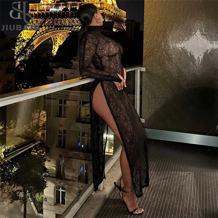 Seksi dantel siyah kanca çiçek Hollow Out uzun elbise gece kulübü giyim kadın için 2024 Mesh Maxi elbise