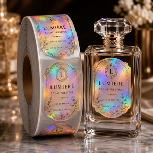 Rouleaux d'autocollants holographiques personnalisés pour parfums, étiquettes laser arc-en-ciel, film brillant, autocollants imprimés avec motifs personnalisés pour emballages cosmétiques - Product Image 1