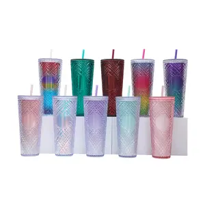 Градиентные стаканы YIZHI с блестками и двойными стенками, 24 унции, разноцветная бумажная вставка, кофейная кружка, пустой стакан с соломой и крышками