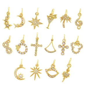 Placcato oro CZ pavimentato croce luna stella ciondolo delicato Mini Charms per collana braccialetto fai da te che fa forniture gioielli fatti a mano