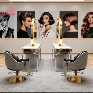 Estaciones de Espejo Doradas para Peluquería y <span class=keywords><strong>Barber</strong></span>ía con Iluminación LED - Product Image 1