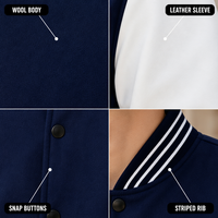 Veste de sport pour homme en molleton lourd bleu marine personnalisé 400GSM, avec manches en cuir, boutons-pression et tricot côtelé rayé