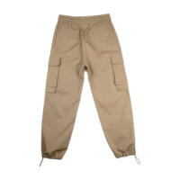 Celana Jogger Cargo Pria Warna Tan Khaki, Model Relaxed Tapered, Pinggang Elastis dengan Tali Serut, Kantong Bellows, Kantong Welt, Kantong Bungee, Grosir OEM