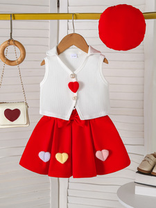 Ensemble de vêtements d'été décontractés pour petites filles, 2 pièces, <span class=keywords><strong>gilet</strong></span> à col <span class=keywords><strong>blanc</strong></span>, décoration en forme de cœur moelleux, jupe plissée, polyester/coton, enfants - Product Image 6
