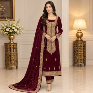Salwar Kameez en velours modal bordeaux élégant Fashionista International avec broderie dorée, réversible, longueur ras du sol, tenue de mariage pour femme - Product Image 1