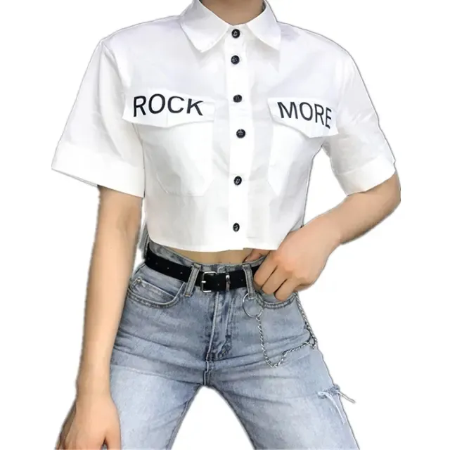 Wholesale summer top turn down collar white blouses button short sleeve women crop top shirt