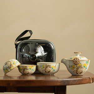 Juego de té portátil de cerámica Huang Ru Kiln Cat, una tetera y tres tazas, para uso en exteriores. - Product Image 1