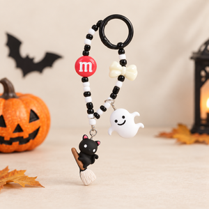 Halloween Cartoon Beaded Phone Charm Metal <strong>Keychain</strong> Ghost Pumpkin Black Cat Witch Hat Bag Charm Pendant Strap Accessory - Product Image 4