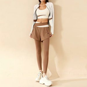 <span class=keywords><strong>Ensemble</strong></span> de sport respirant color block 3 pièces pour <span class=keywords><strong>femme</strong></span> : short 2-en-1, leggings, veste de sport zippée, soutien-gorge de fitness, extensible dans les quatre sens, haute performance - Product Image 3