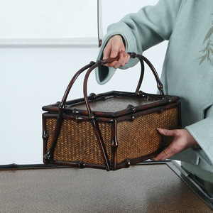 Handmade Bamboo Woven Tea Box Rectangle 38x25cm Lacquered <b>Storage</b> <b>Basket</b> Living Room Use - Product Image 4