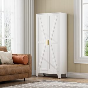 Armoire scandinave blanche SENYU avec panneaux géométriques et poignées en laiton pour le rangement de la chambre - Product Image 1