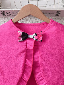 2025 осенний детский розовый кардиган с оборками и длинным рукавом + комбинезон в полоску с цветочным принтом - Product Image 5