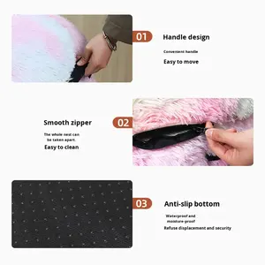 Lange Pluche Ronde Zachte Warme Sponsdoekachtige Huisdierenbed voor Winterhonden & Katten met Aangehechte Dekentje - Product Image 2