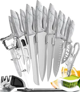 20支大理石菜刀套装超锋利高碳不锈钢刀，符合人体工程学手柄