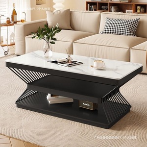 Modern Rectangular Double Layer Coffee Table Faux Marble Top Baking Paint Living Room Home Furniture - Product Image 2