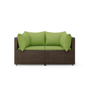 Canapé de jardin en rotin d'extérieur deux places avec coussins marron et vert, mobilier de patio contemporain, résistant aux UV, en osier PE - Product Image 1