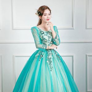 Peacock Blue Ball Gown Evening Dress With Floral Print Chiffon Scoop Neck Empire Waistline For Performances Parties Photo - Product Image 3