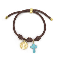 Bracelet réglable en corde style bohème Moyamiya avec breloque perlée et pendentif croix pièce de monnaie pour femme