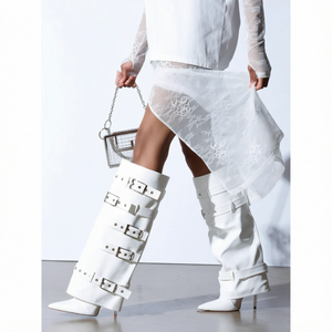 Botas Blancas hasta la Rodilla, Estilo Occidental, Tacón de Aguja, Punta Puntiaguda, Decoración con Hebilla, Botas de Vestir para Mujer - Product Image 1