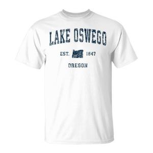 T-shirt Lake Oswego Oregon con stampa vintage blu navy Est 1847 - Product Image 1