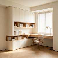 Bureau flottant en chêne de qualité supérieure, en forme de L, avec armoire incurvée et éclairage LED pour projets de design de bureau et de salle d'étude