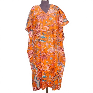 Vestido Maxi Kaftan de Verano para Mujer, 100% Algodón, Cuello en V, Sin Mangas, Ajustado, Estampado Floral, Cintura Natural, Estilo Casual Étnico - Product Image 1