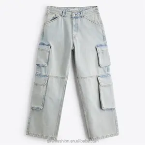 Custom Streetwear denim pants Baggy Wide Leg Washed cargo Jeans for men