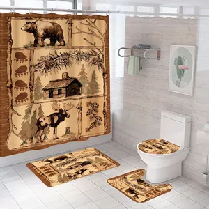 定制100% 涤纶卡通动物孔雀猫头鹰3d数码印刷4件套浴室套装带浴帘和地毯