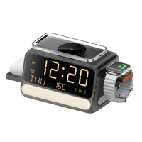 Multifunctioneel draadloos oplaadstation met digitale wekker, LED-nachtlampje, 6-in-1 oplaaddock voor iPhone, Apple Watch en AirPods