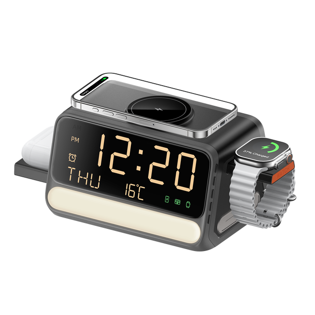 Multifunctional Wireless Charger Station with Digital Alarm Clock LED Night Light 6 in 1 Charging Dock for iPhone IWatch AirPods