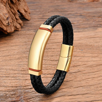 Bracelet en cuir véritable à double couche avec fermoir magnétique, design vintage, acier inoxydable plaqué or 18 carats, gravure de nom et logo, pour homme