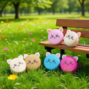 Bolso redondo pequeño tejido con paja estilo gato de ojos abiertos, 12x6cm, para niños - Product Image 2