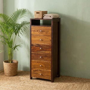 Commode de chambre à coucher T Contrast à 6 tiroirs en teck massif, style moderne du milieu du siècle, avec structure en acier et design autoportant - Product Image 3