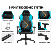Chaise de jeu à dossier haut avec appuie-tête magnétique, support lombaire réglable et accoudoirs 3D pour postes de jeu PC