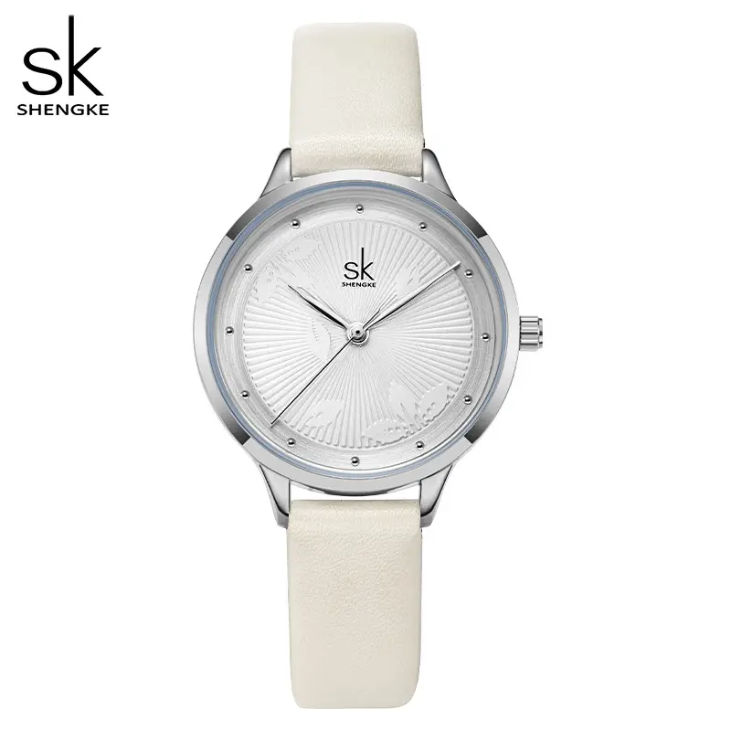 ShengkeK9021美しいレディースクォーツ時計リーフポインターアナログファッションレザーレディースウォッチオンライン